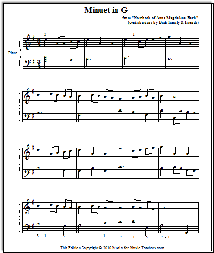 Bach Minuet in G page 1, for piano