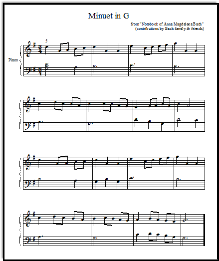 Bach Minuet in G for piano, in one page