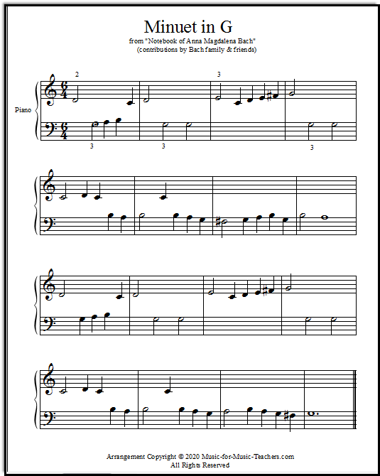 Bach Minuet in G sheet music arranged for beginning piano