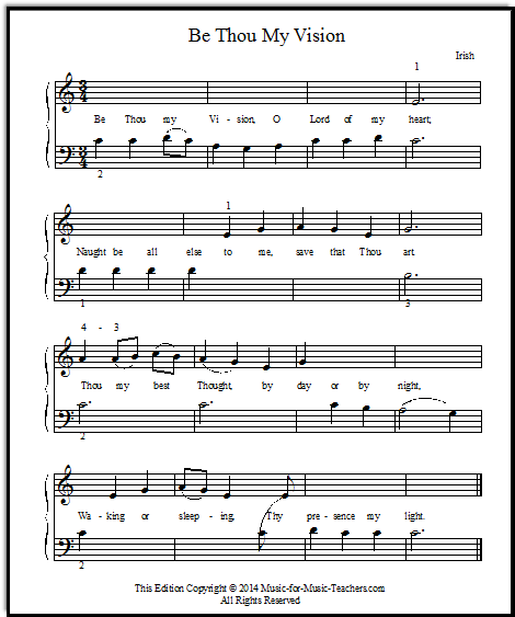 Be Thou My Vision hymn music for beginner piano in Middle C position