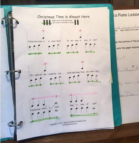 Red and green coloring on piano key notes to tell the hands apart