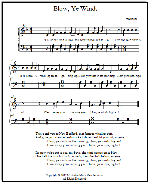 Sea chanty Blow, Ye Winds piano sheet for early intermediate