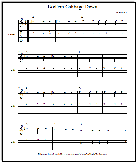 Guitar tabs and staff for Boil'em Cabbage