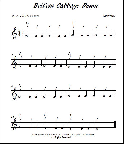 Boil'em Cabbage Down fiddle song, arranged for beginner piano