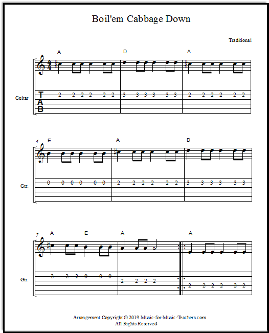 Boilem' Cabbage Down with eighth notes for flat-picking guitar.  With standard notation and guitar tabs and chords.