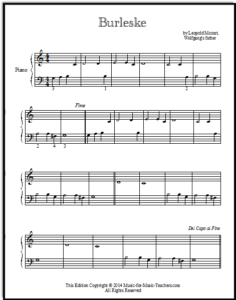 Burleske or Burlesque, by Leopold Mozart, for beginner piano students.  Play it as a duet too!