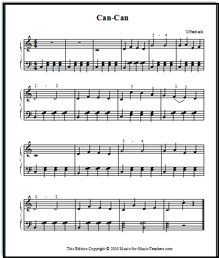 Sheet music for piano by Offenbach, "Can-Can."  Using quarter notes in the left hand for energy.