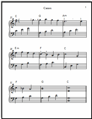 A fancy beginning arrangement of the Pachelbel Canon that uses lettered notes to enable a more complicated version to be  conquered!