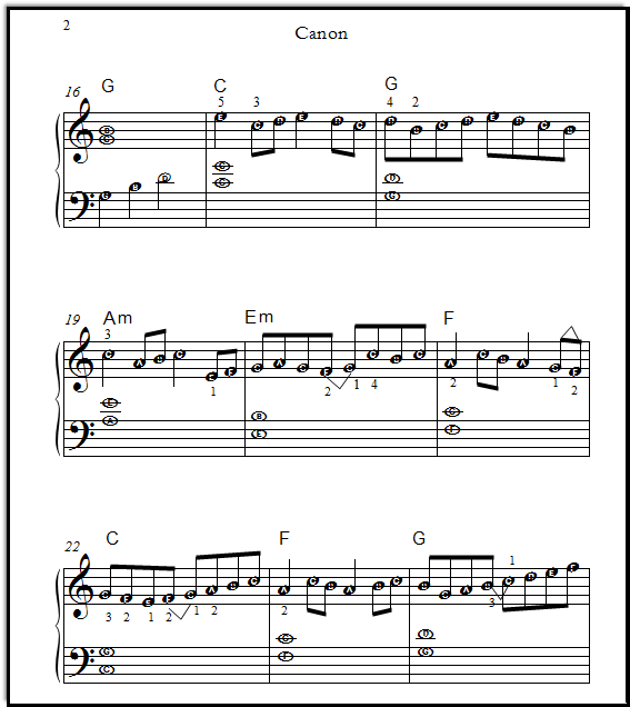 Page 2 of the Pachelbel Canon arranged for beginners with easy-to-read piano notes