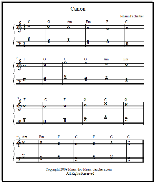 The melody of the Pachelbel Canon is paired with chords in the left hand, either solid triads, or broken triads.