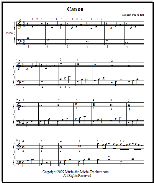 Easy long arrangement of the Pachelbel Canon using small broken chords in the left hand.  In the key of C instead of D, at Music-for-Music-Teachers.com