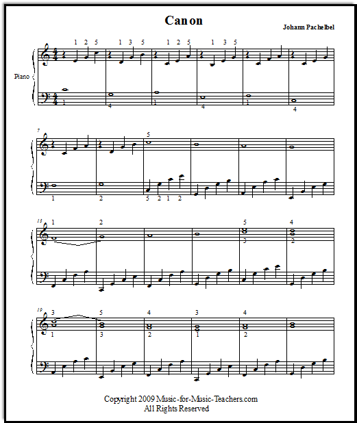 The Pachelbel Canon for piano, arranged in the key of C, making use of the broken chord patterns most usually associated with this piece.