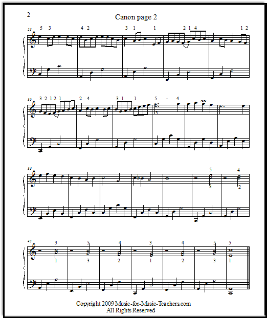 Pachelbel Canon key of C sheetmusic, with long chords, page 2, Music-for-Music-Teachers.com