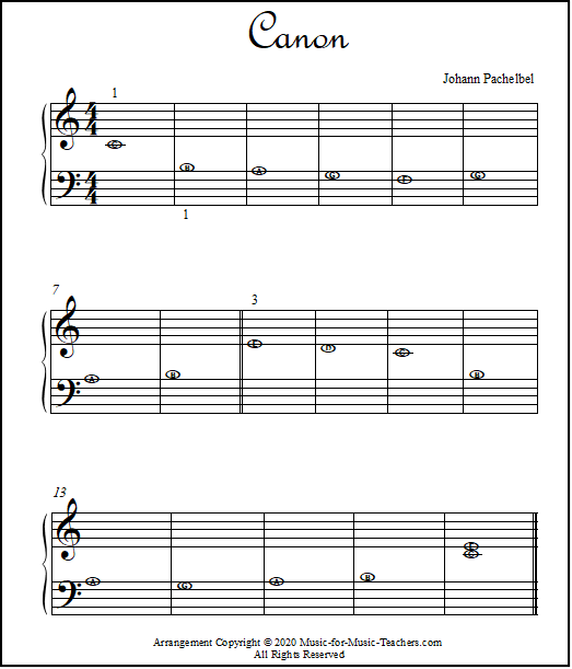 Canon for beginner piano students, with letters inside the notes