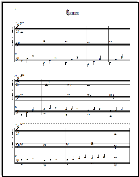 Duet arrangement of the Pachelbel's Canon.  The Primo is extremely easy whole notes, and the Secondo is broken chords shared between the two hands. Page 2
