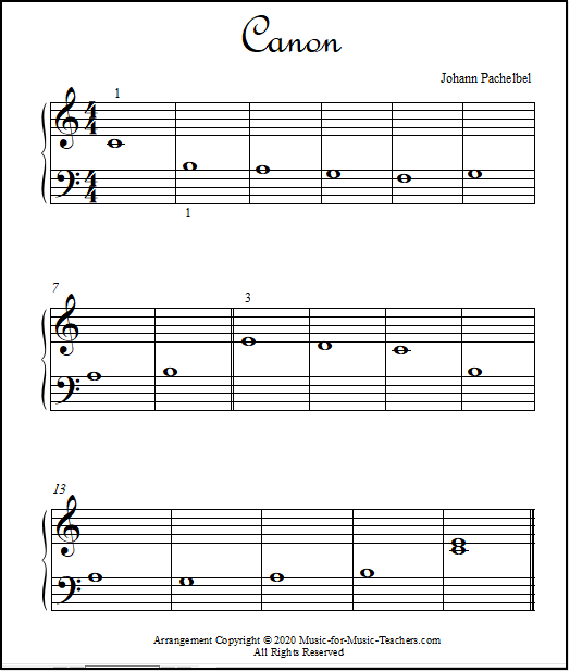 Sheet music for beginning piano, Pachelbel's famous Canon.  A very, very easy version!