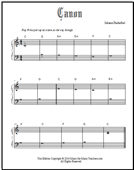 Easy middle-C version of the Pachelbel Canon melody for beginner piano students.  Long whole notes, with chord symbols for a duet partner.