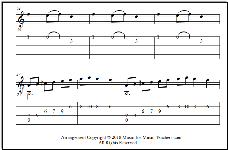 A closeup of page 2 of the guitar tabs for Carol of the Bells