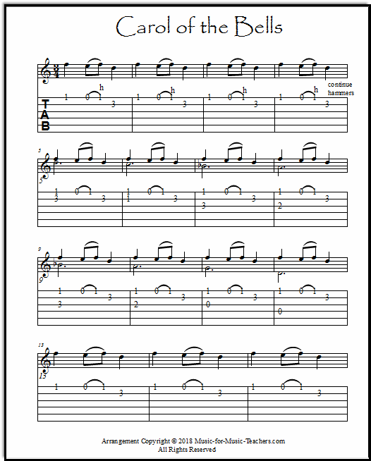 Carol of the Bells for guitar - classical style, with guitar tabs