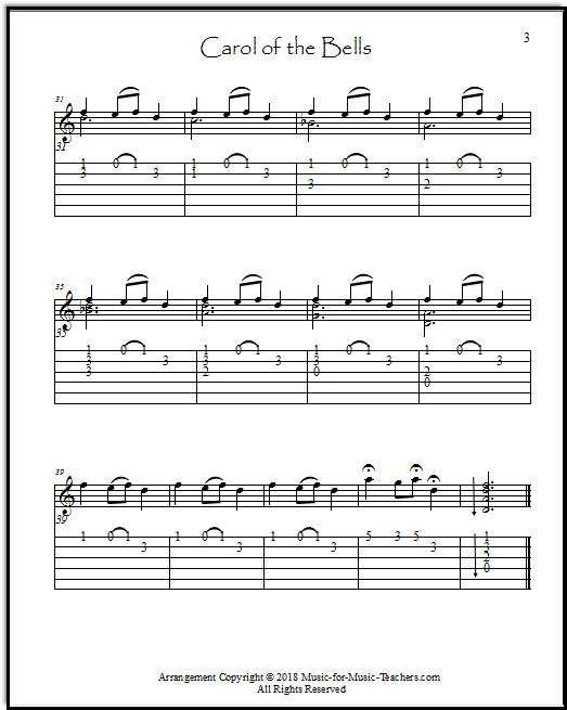 Final page of Carol of the Bells arranged for elementary to intermediate guitar