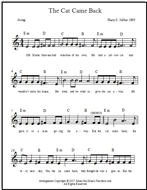 The Cat Came Back lyrics and chords for beginning piano, with some lettered notes