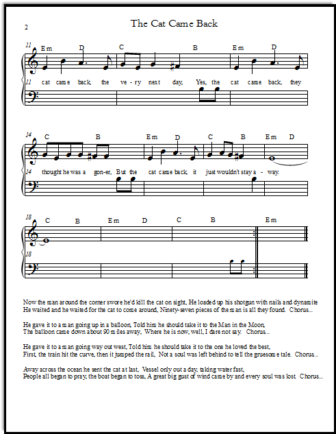 Shared-hands melody for piano, The Cat Came Back