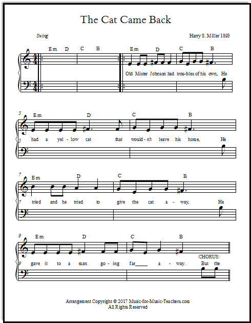 Beginning piano melody arrangement of The Cat Came Back