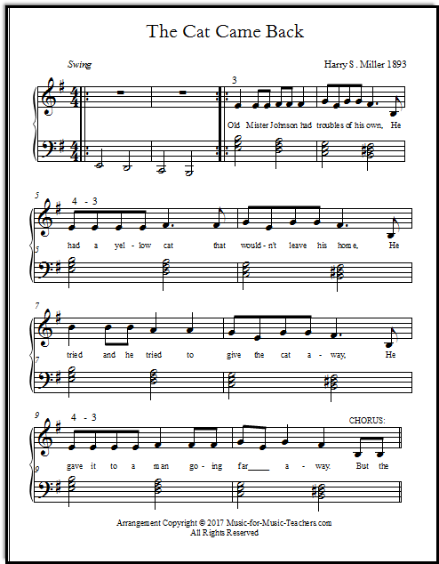 Sheet music for piano "The Cat Came Back"
