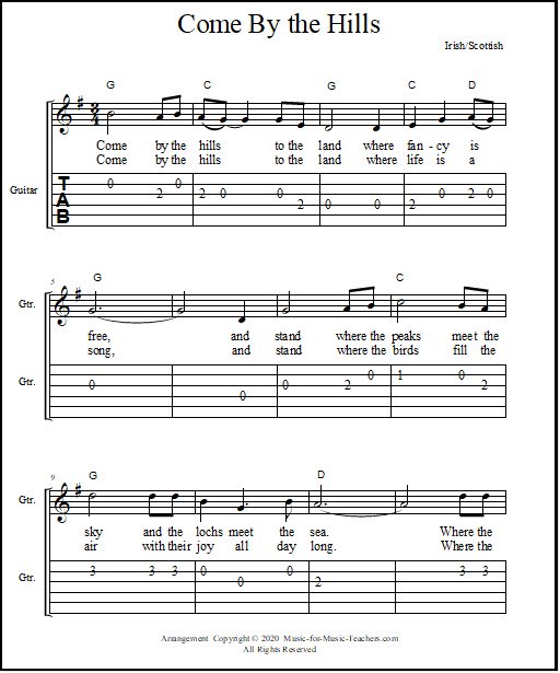 Guitar tabs and sheet music for "Come By the Hills", an Irish traditional melody