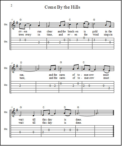 Sheet music with guitar tabs for "Come By the Hills"