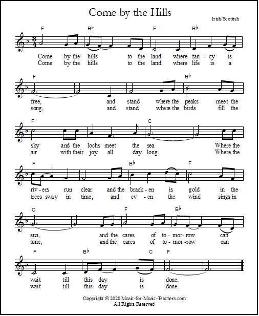 Lead sheet "Come By the Hills" Irish music, for all instruments