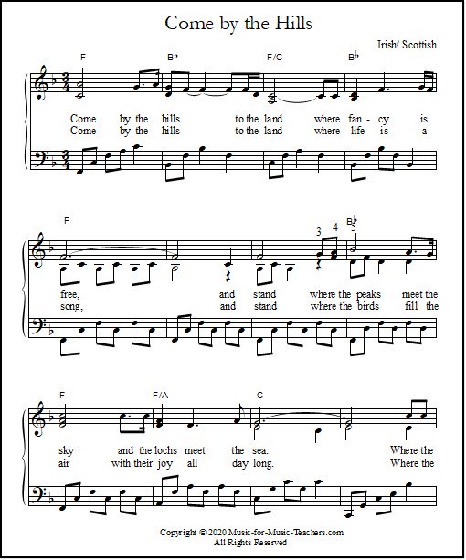 Piano and vocal sheet music for Come By the Hills