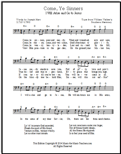 Bass clef arrangement of Come Ye Sinners, lead sheet with chords and lyrics