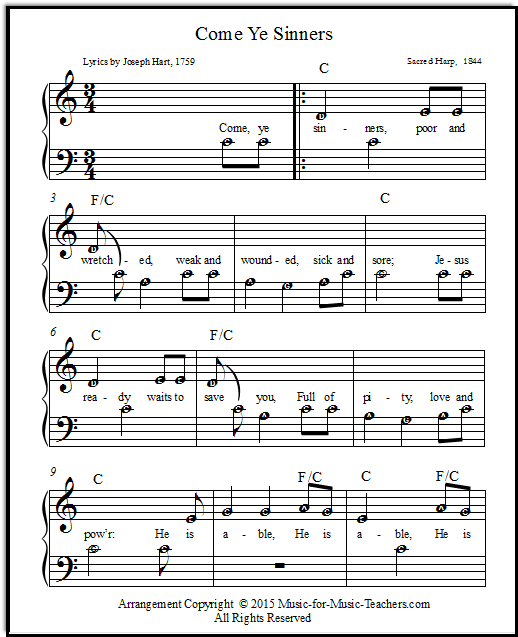 Come, Ye Sinners with letters in the music notes, for beginner piano