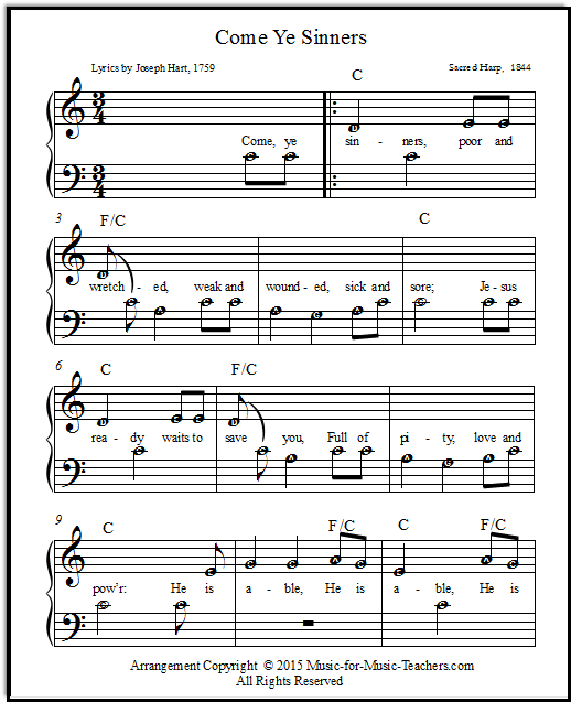 Come, Ye Sinners for beginner piano