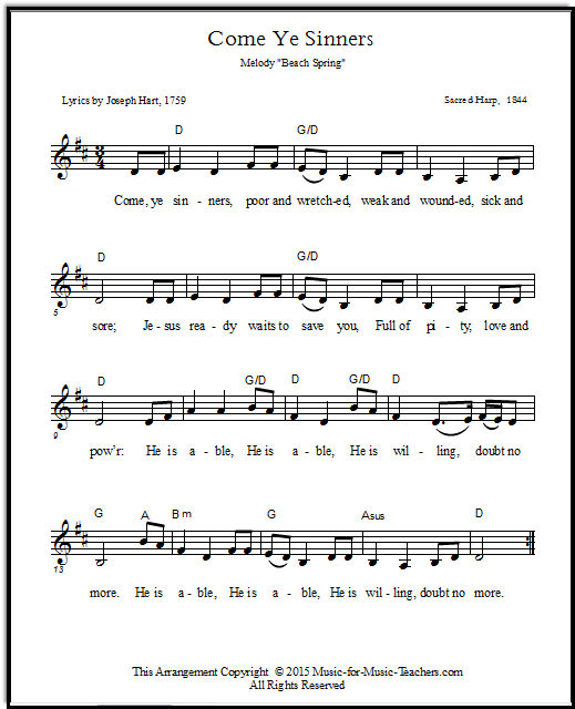 Come Ye Sinners sheet music with the Beach Spring melody