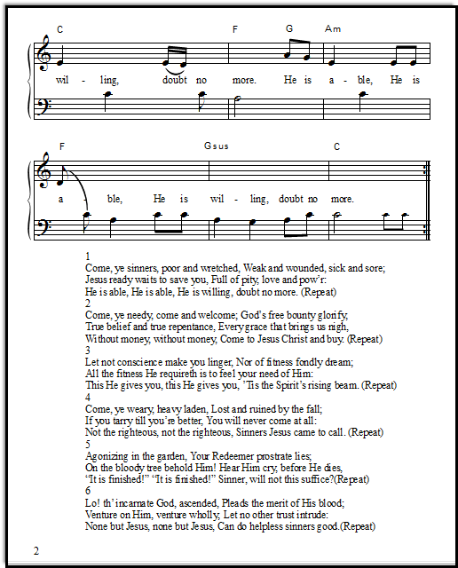 free beginner piano sheet music for Shape Note hymn
