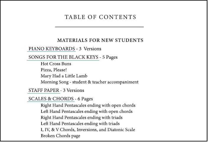 Table of Contents page 1 of the piano book Songs Old and Songs New