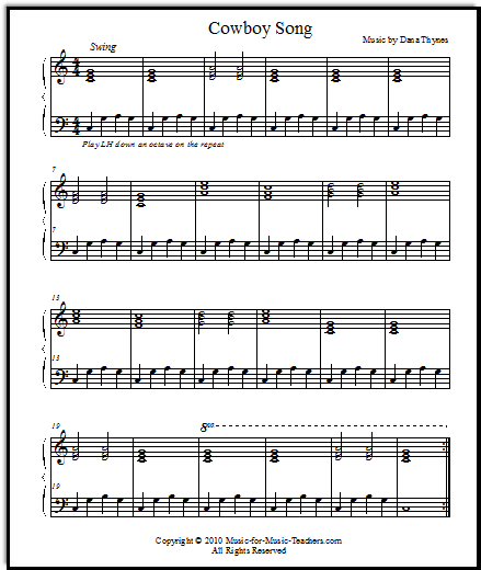 Cowboy Song, a simple song for piano that uses a swinging bass pattern, and slow right hand chords