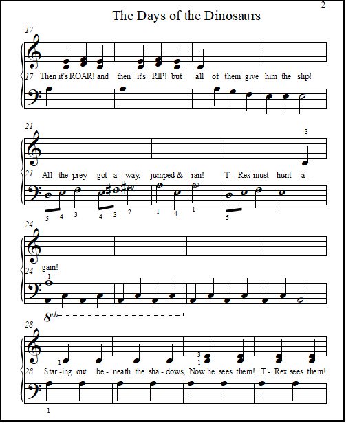 Dinosaur song lyrics about a T-rex hunting, but failing to catch his prey.  With sheet music for beginner piano.
