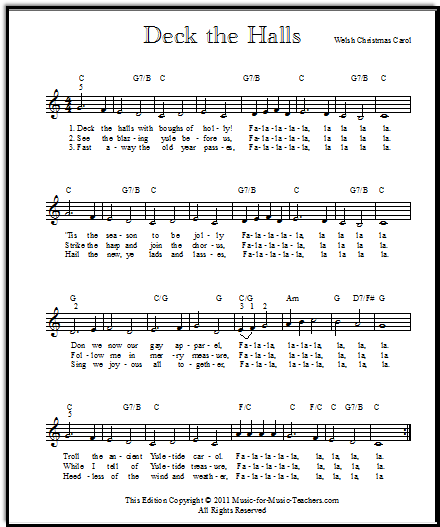 Deck the Halls lead sheet for all instruments, Music-for-Music-Teachers.com