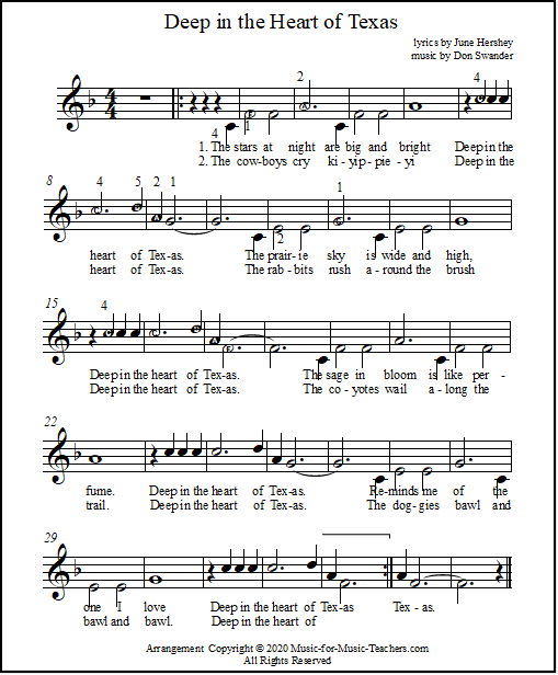 An easy-to-read piano arrangement of Deep in the Heart of Texas