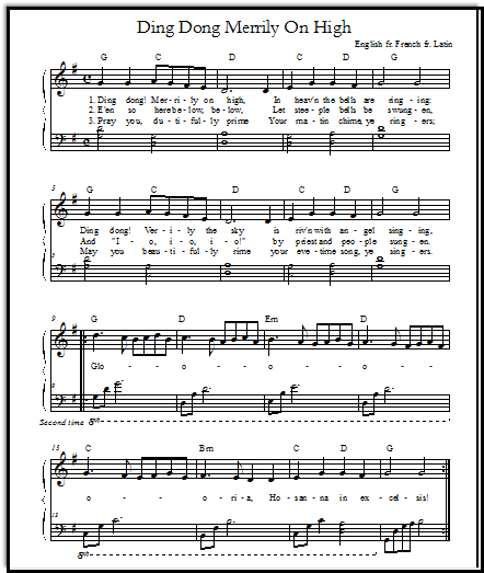 Free Christmas sheet music for piano Ding Dong Merrily on High