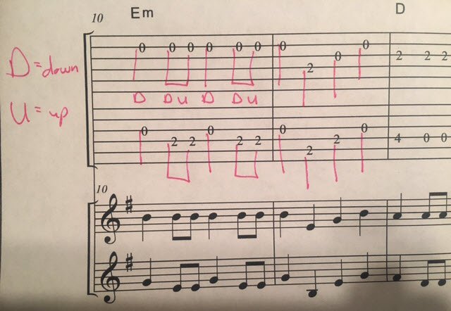 How to decipher the rhythm of tablature notes for guitar flat-picking - draw and add lines on the guitar tabs