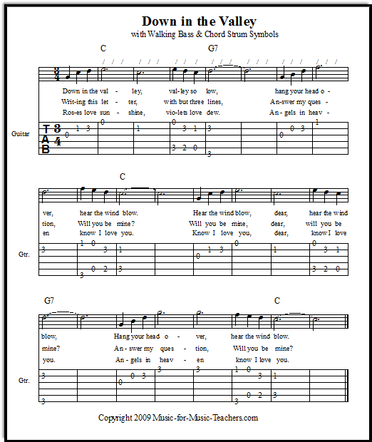 Walking bass for Down in the Valley easy guitar tabs