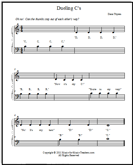 Beginner piano song in which both hands must play Middle C