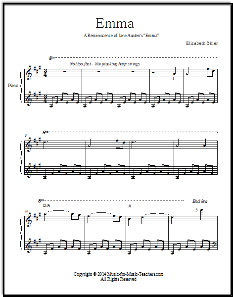 Jane Austen Emma music - free piano sheet music!  This beautiful song is a tribute to Emma.