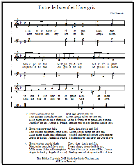 Christmas music lyrics and piano chords for French carol "Entre le boeuf"