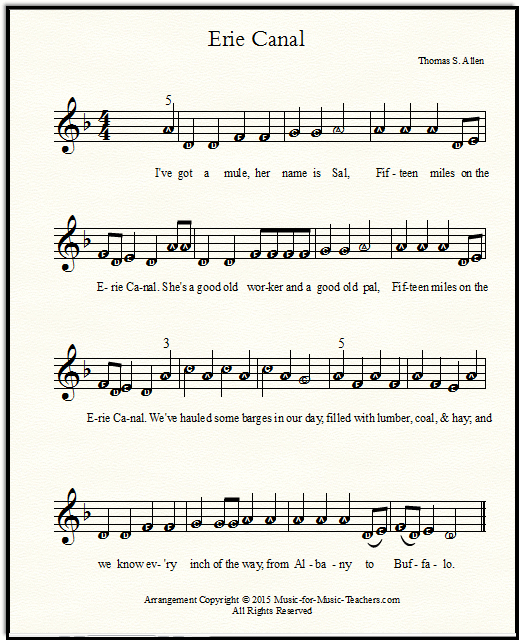 the Erie Canal song with made-easy notes for piano