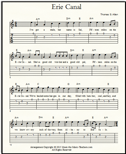 Easy guitar tabs for Erie Canal song